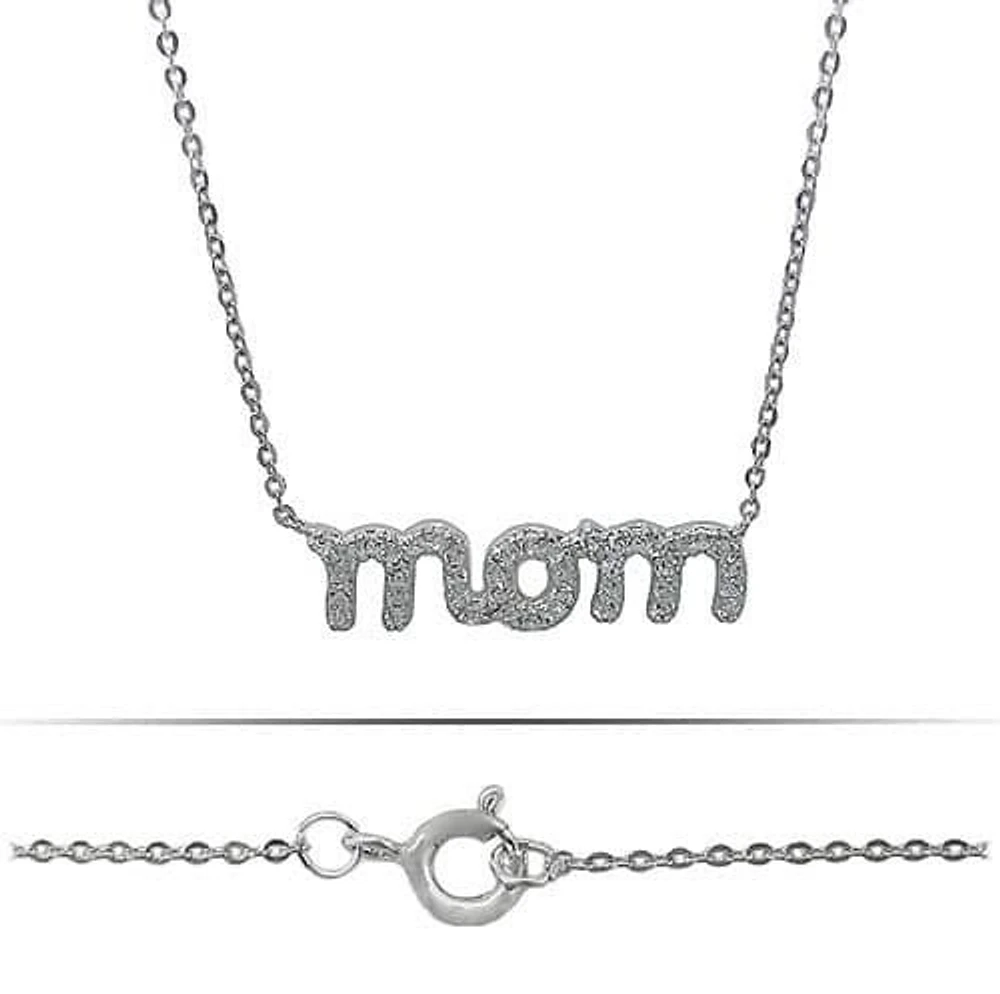 Sterling Silver With Rhodium, Mom (26X7mm) Charm Necklace