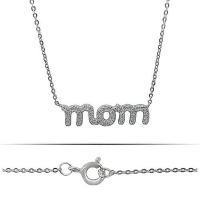 Sterling Silver With Rhodium, Mom (26X7mm) Charm Necklace