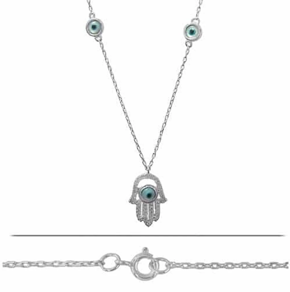 Sterling Silver With Rhodium, Hamsa (16×11.5mm) And Evil Eye Charm Necklace