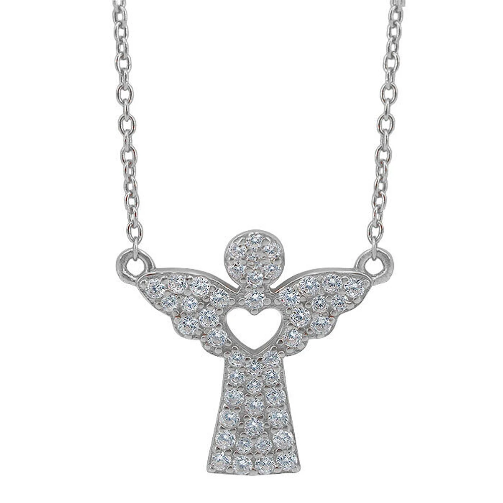 Sterling Silver With Rhodium, 16X17mm Angel Necklace With Cubic Zirconia
