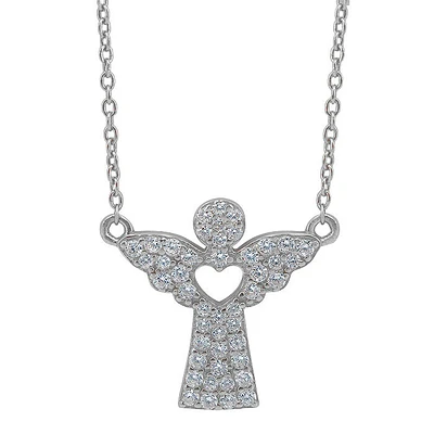 Sterling Silver With Rhodium, 16X17mm Angel Necklace With Cubic Zirconia
