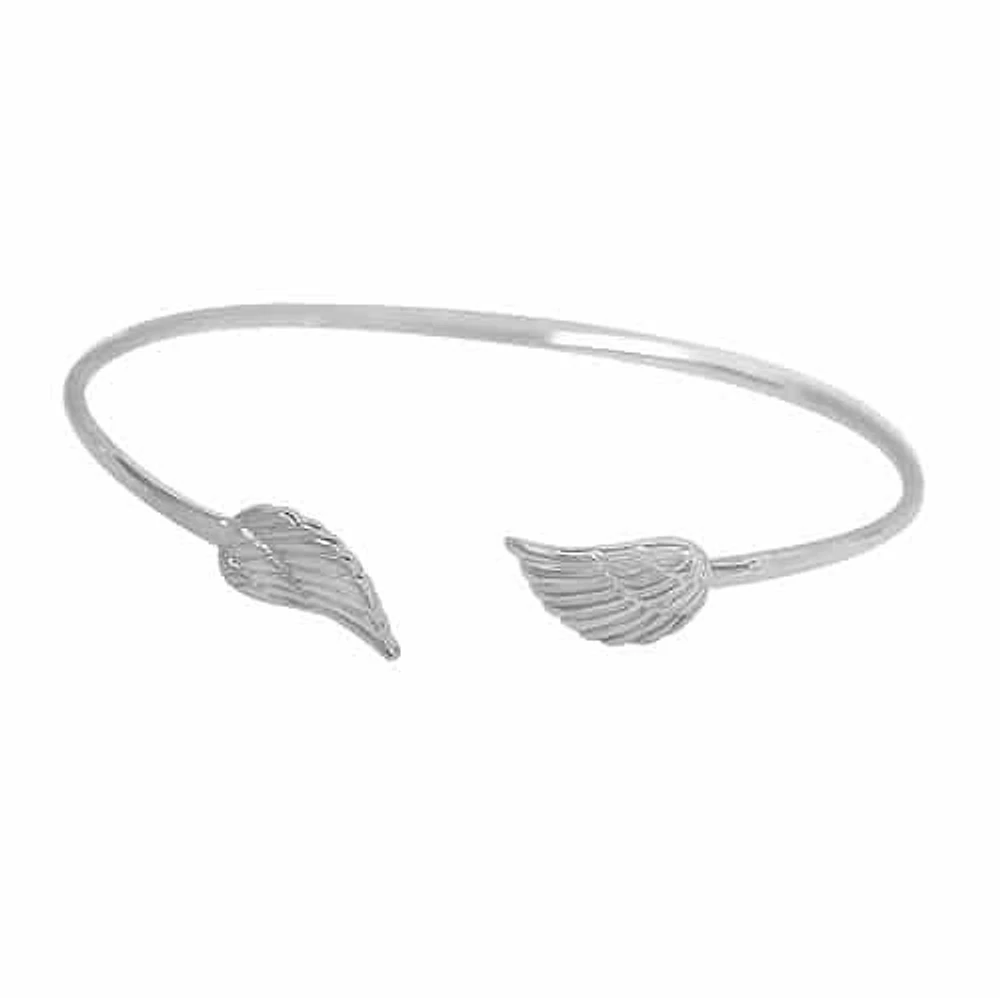 Sterling Silver With Rhodium, 6X12mm Angel Wings Open Cuff Bracelet