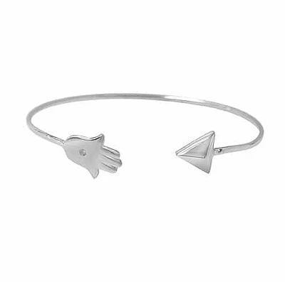Sterling Silver With Rhodium, Hamsa And Arrow Head With 1mm Cz  Adjustable 1.5mm Wire Bracelet