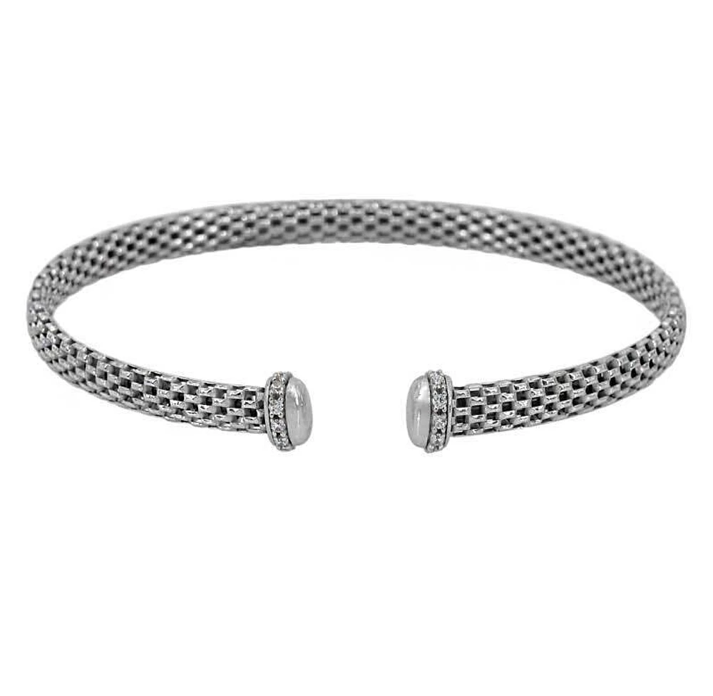 Sterling Silver With Rhodium, Mesh Bracelet With Cubic Zirconia, 4.5mm Width