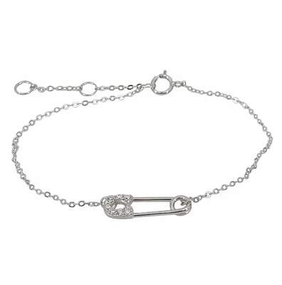 Sterling Silver With Rhodium, 18X6mm Safety Pin Bracelet With Cubic Zirconia