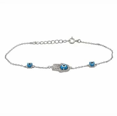 Sterling Silver With Rhodium, 10X13mm Hamsa And 4mm Evil Eye Bracelet