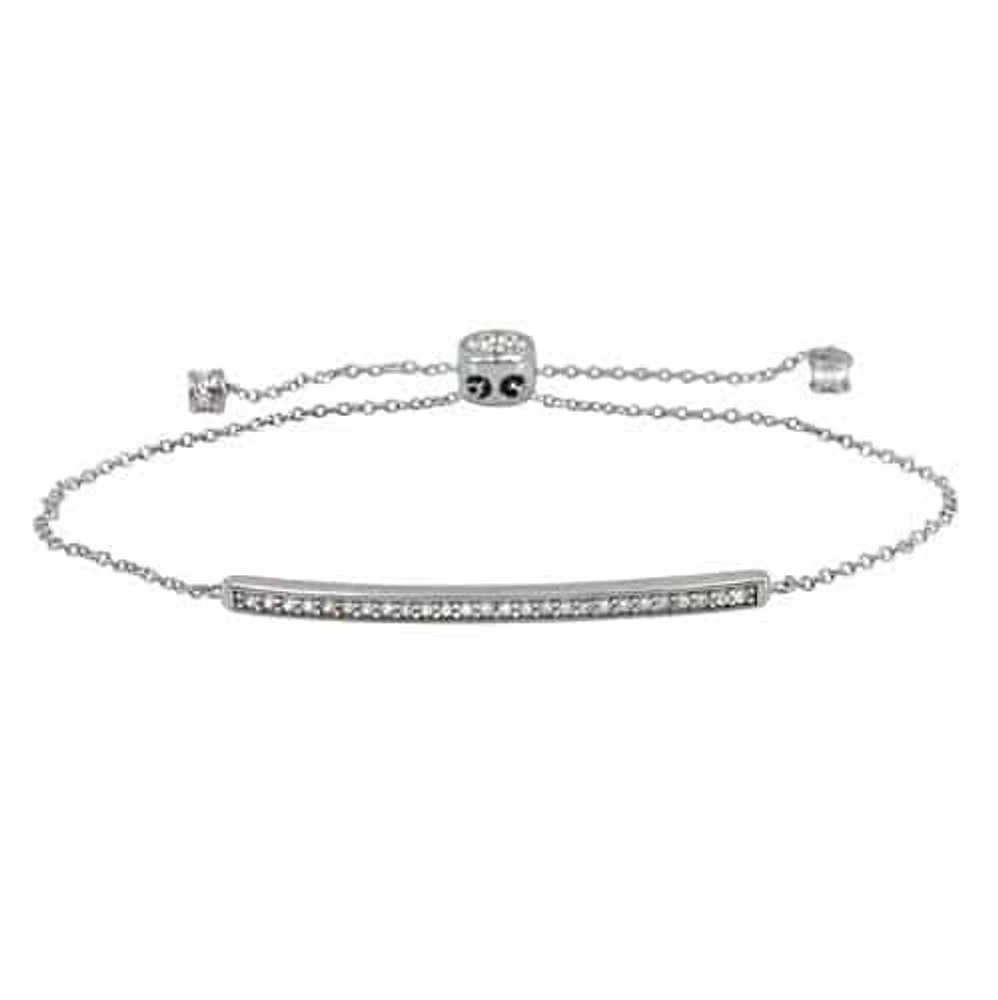Sterling Silver With Rhodium, Adjustable Stone Bracelet, 3X46mm Bar, 8mm Round Silicone Bead Stopper