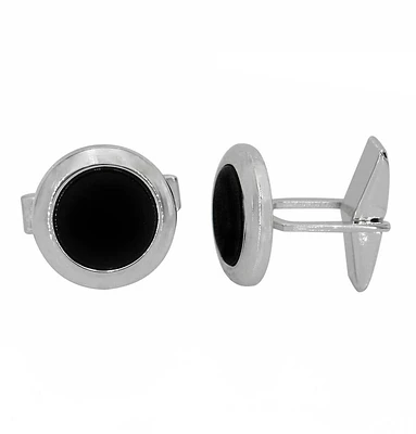 Silver With Rhodium, Cufflink With Onyx, 15mm Diameter