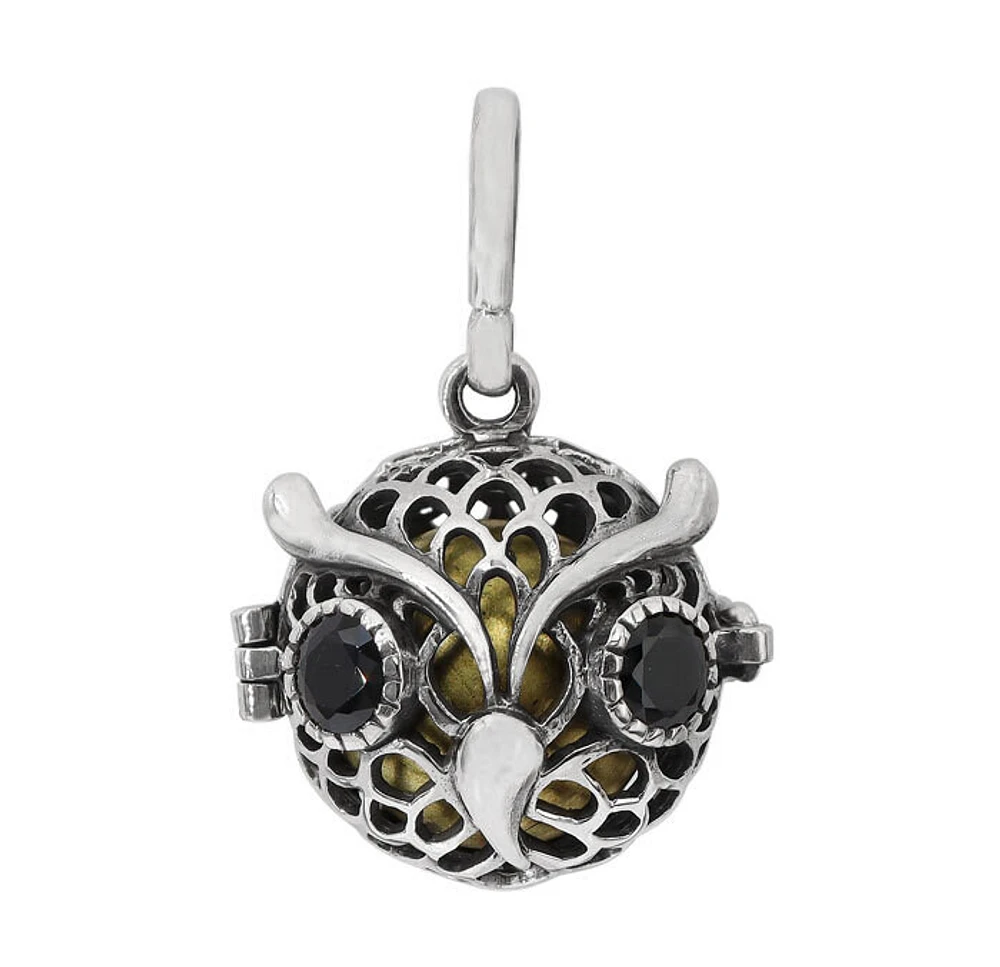 Sterling Silver, 23X27mm Owl Harmony Ball Pendant With 16mm Ball And Cubic Zirconia