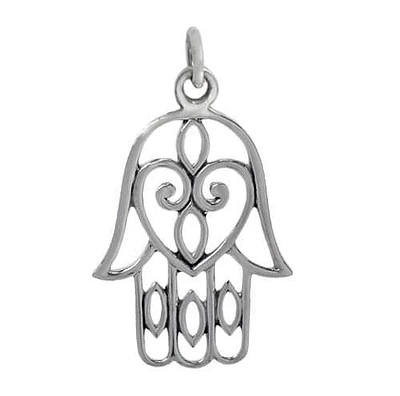 Sterling Silver, Filigree Style, Smooth Flat Hamsa Pendant. Approx Size: 23mm L X 16mm W X 1mm T