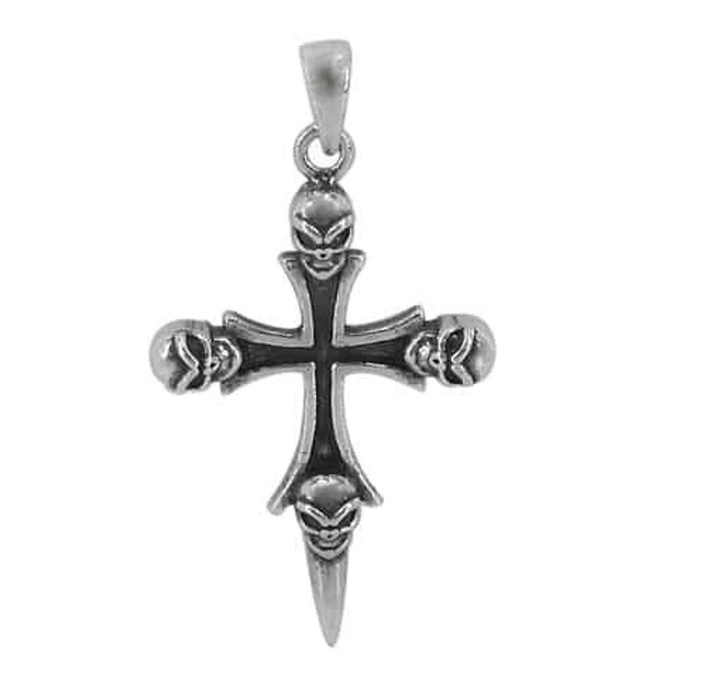 Sterling Silver Cross With Skull Head Pendant, 28X20mm Frame
