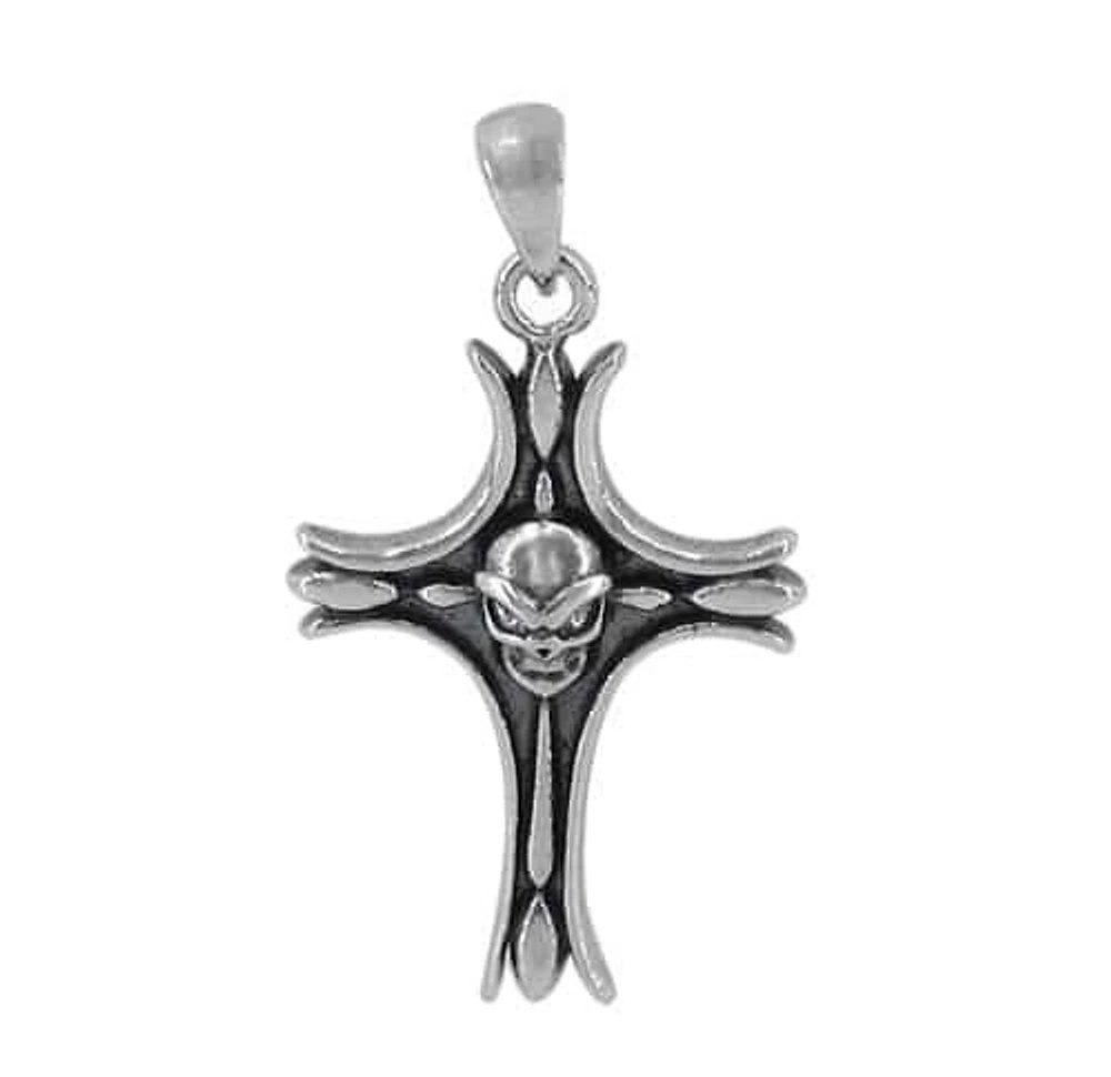 Sterling Silver Cross With Skull Head Pendant, 23X17mm Frame