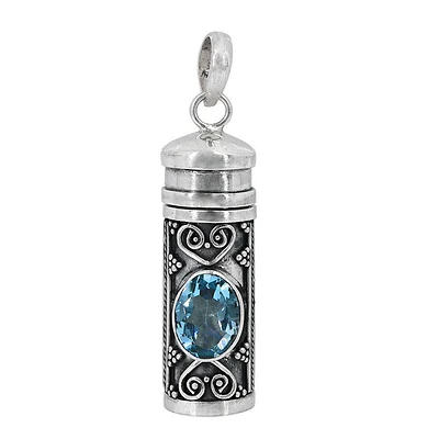 Sterling Silver, 9X27mm Poison Tube Pendant With Blue Topaz
