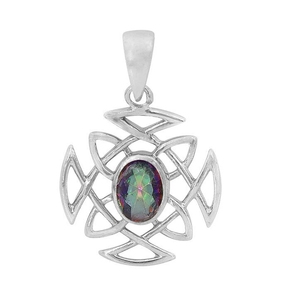 Sterling Silver With Rhodium, 21mm Celtic Pendant With 7X9mm Mystic Quartz