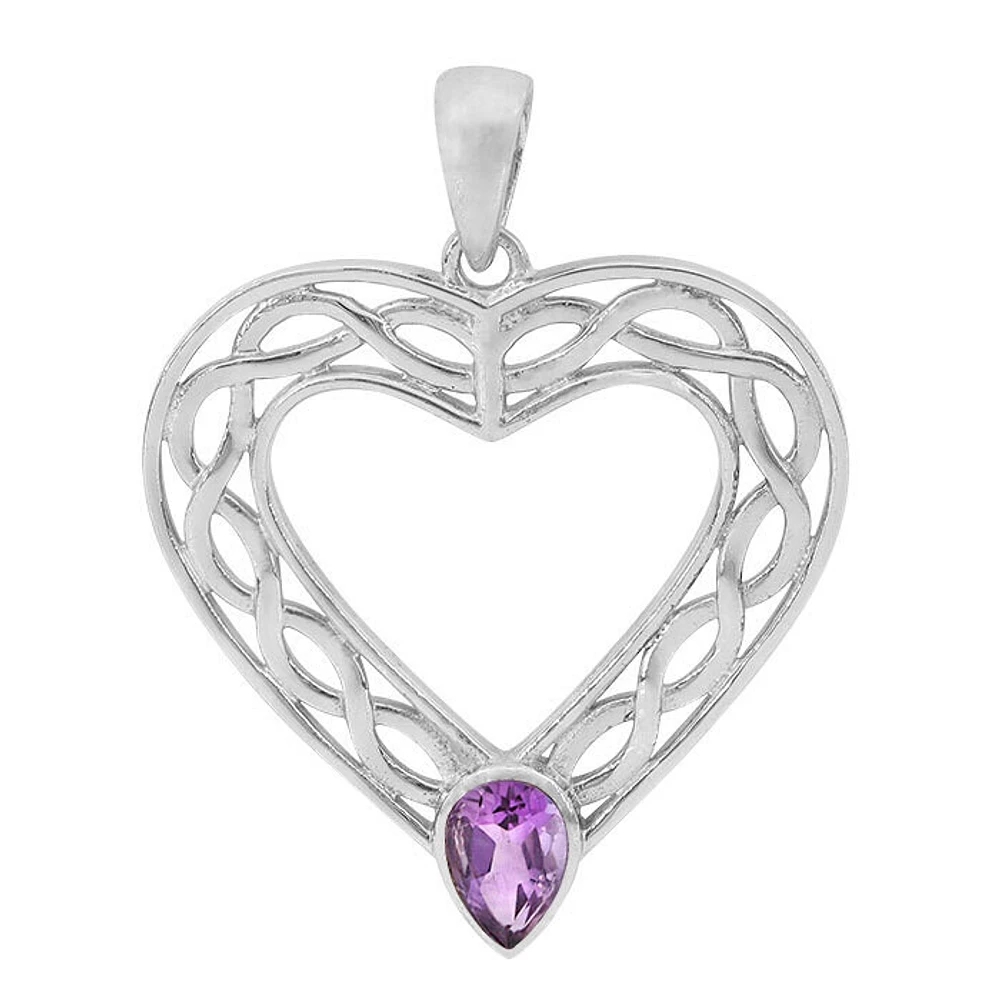Sterling Silver With Rhodium, 31X32mm Celtic Pendant With 6X8mm Amethyst