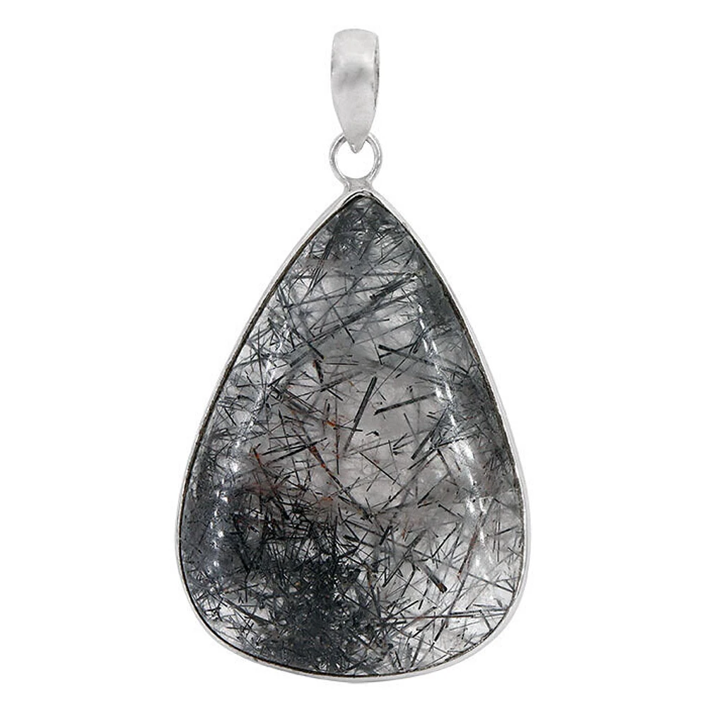 Sterling Silver With Rhodium, 31X43mm Black Rutilated Quartz Pendant