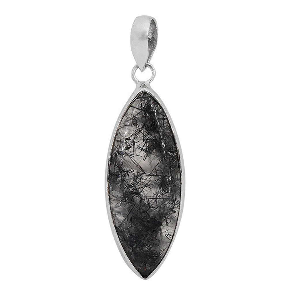 Sterling Silver With Rhodium, 15X39mm Black Rutilated Quartz Pendant