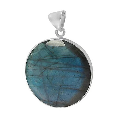Sterling Silver, Faceted Round Shape Stone Pendant. Colour And Size May Very. Approx Stone Size: 36mm D X 9mm T