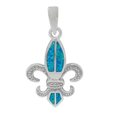 Sterling Silver With Rhodium, 23X18mm Fleur De Lis Pendant With Emulated Opal