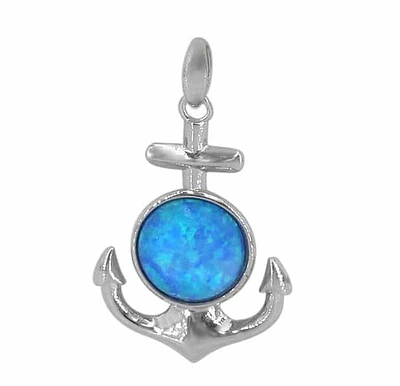 Sterling Silver With Rhodium, 23X18mm Anchor Pendant With Emulated Opal
