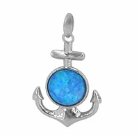Sterling Silver With Rhodium, 23X18mm Anchor Pendant With Emulated Opal