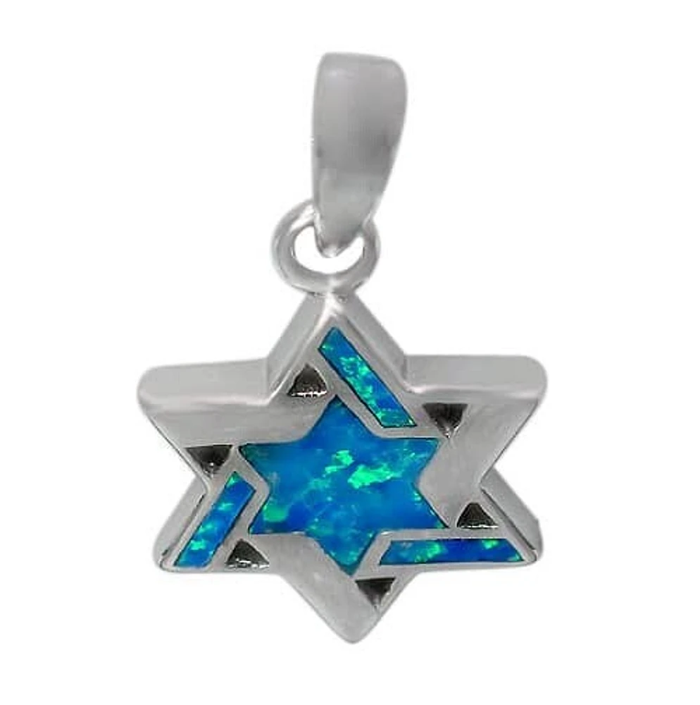 Sterling Silver With Rhodium, 17X5mm Star Of David Pendant With Emulated Opal