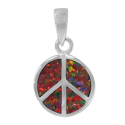 Sterling Silver With Rhodium, 2.5X14mm Peace Sign Pendant With Emulated Opal