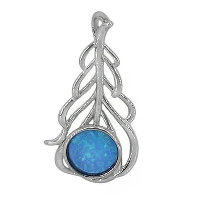 Sterling Silver With Rhodium, 15X27mm Feather Pendant With Emulated Opal