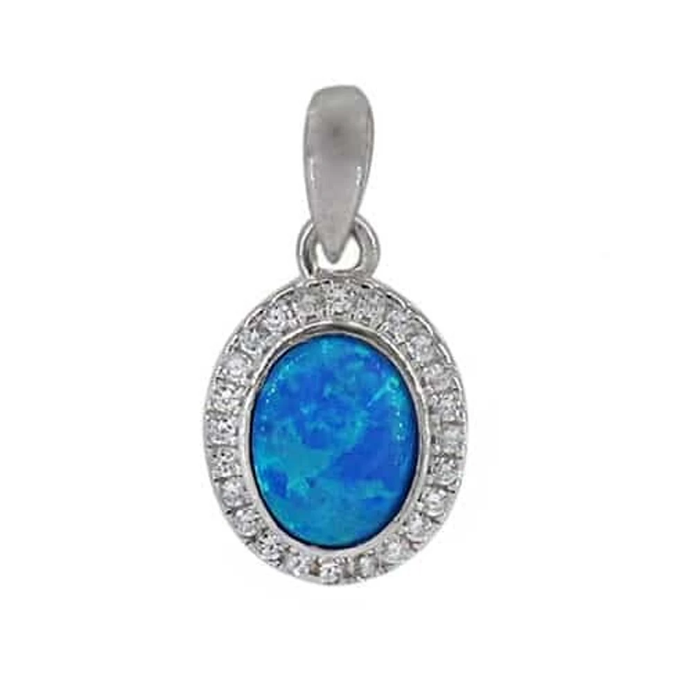 Sterling Silver With Rhodium, Oval Emulated Opal Pendant, 12X10mm