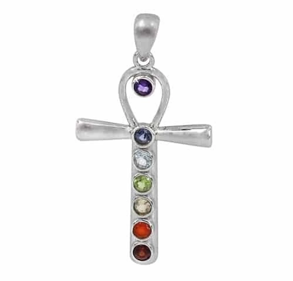 Sterling Silver With Rhodium, 36X23mm Chakra Ankh Pendant With 3mm Stones