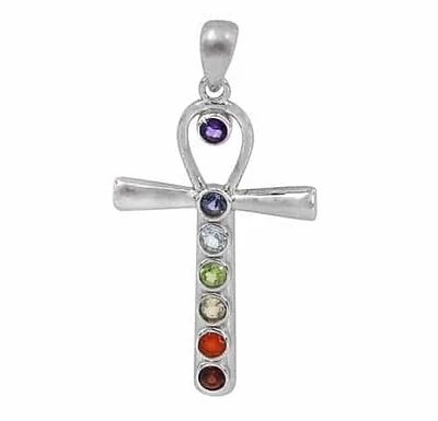 Sterling Silver With Rhodium, 36X23mm Chakra Ankh Pendant With 3mm Stones