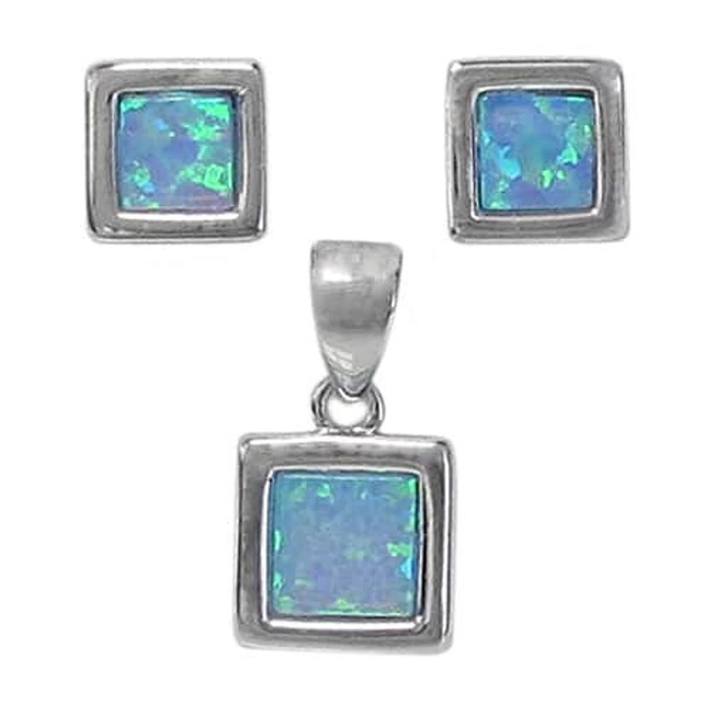 Sterling Silver With Rhodium Set, 7X7mm Earrings And 8X8mm Pendant