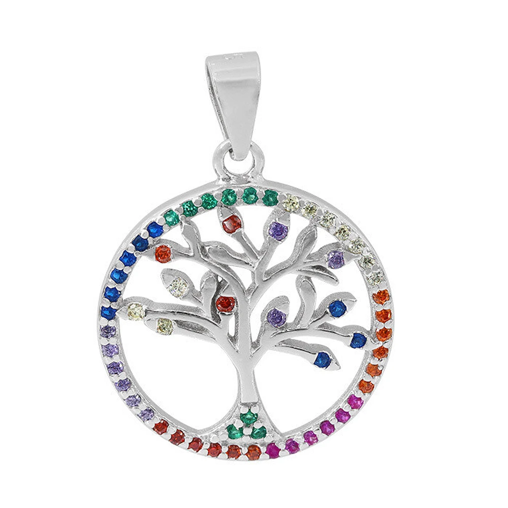 Sterling Silver With Rhodium, 18mm Tree Of Life Pendant With Cubic Zirconia
