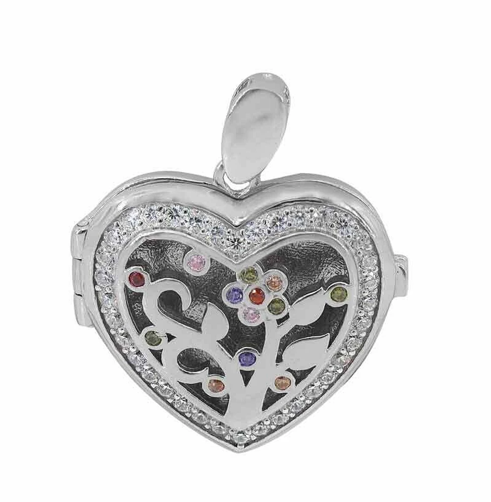 Sterling Silver With Cubic Zirconia Rhodium Heart Locket, 21X21mm (Outer Frame).