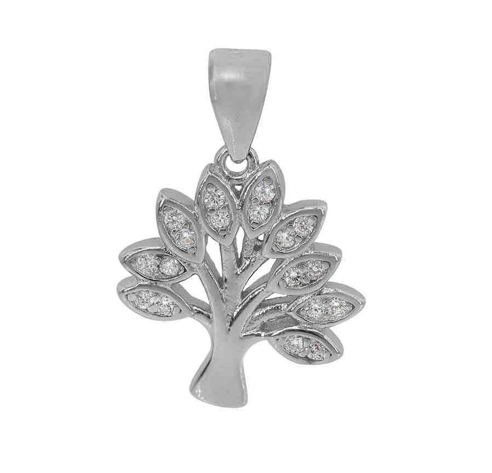 Sterling Silver With Rhodium, Tree Of Life Pendant With Cubic Zirconia, 15X14mm Frame