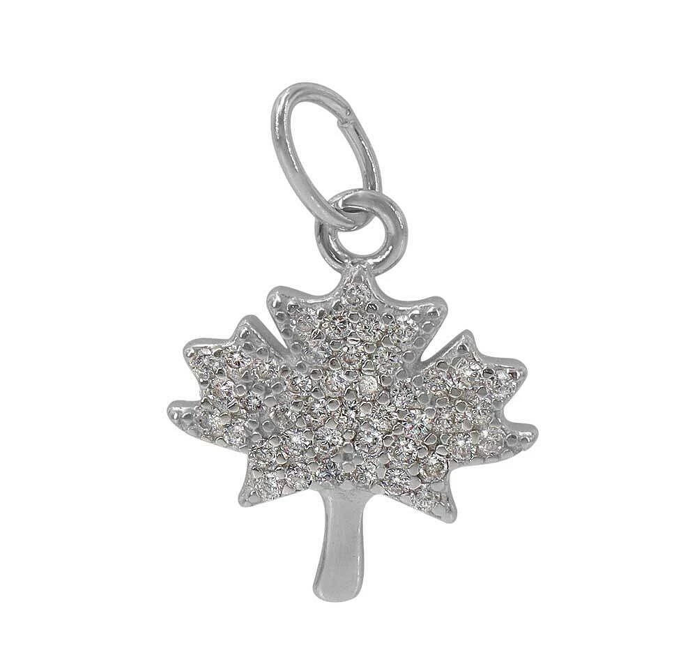 Sterling Silver With Rhodium, 12X12mm Maple Leaf Pendant With Cubic Zirconia