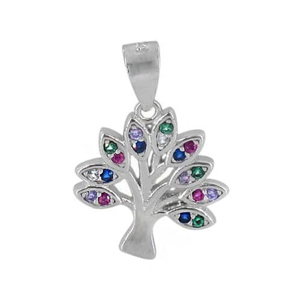 Sterling Silver With Rhodium, Tree Of Life Pendant With Multi Cubic Zirconia, 15X14mm Frame