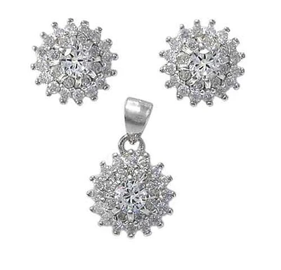 Sterling Silver With Rhodium Flower Set, 10mm Earrings And 10mm Pendant