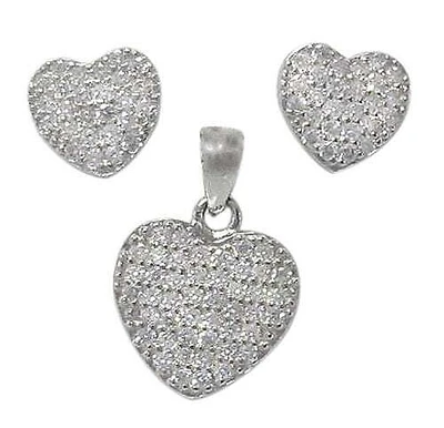 Sterling Silver With Rhodium Heart Set, 8X8mm Earrings And 10X11mm Pendant