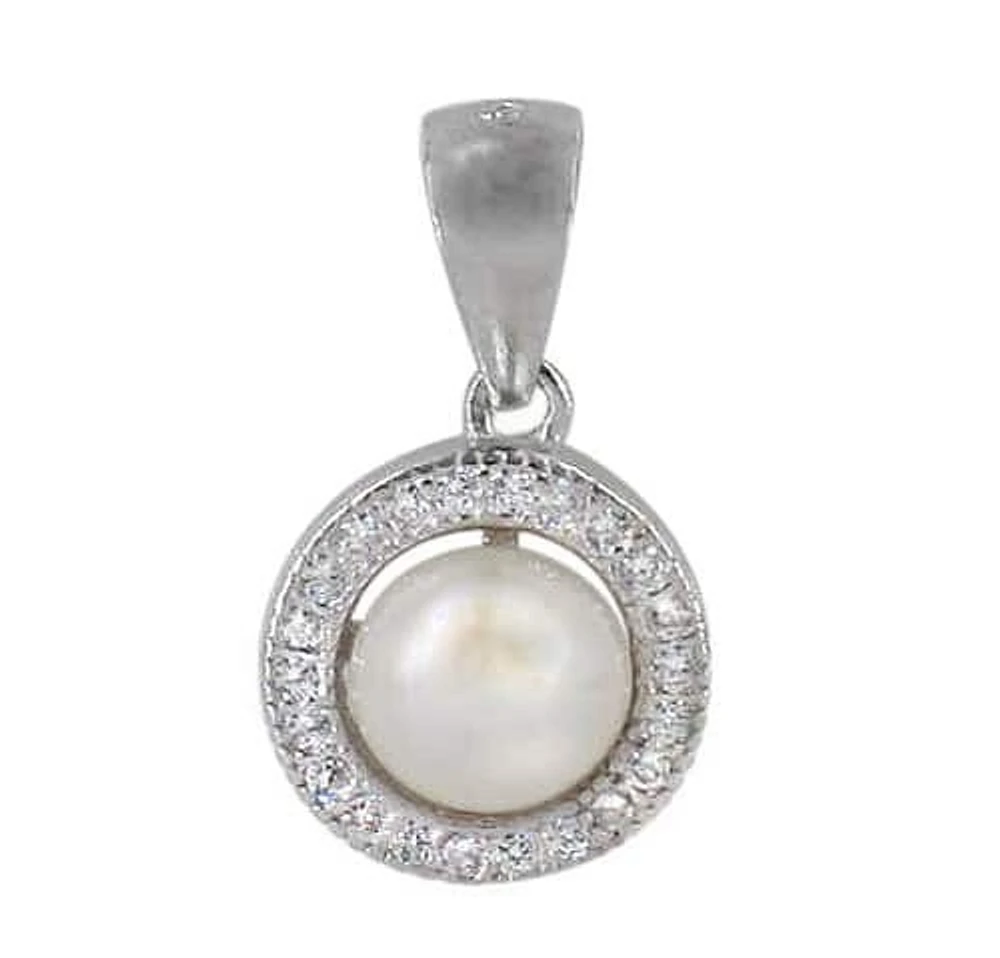 Sterling Silver With Rhodium Pendant, 6mm Pearl, 9mm Frame