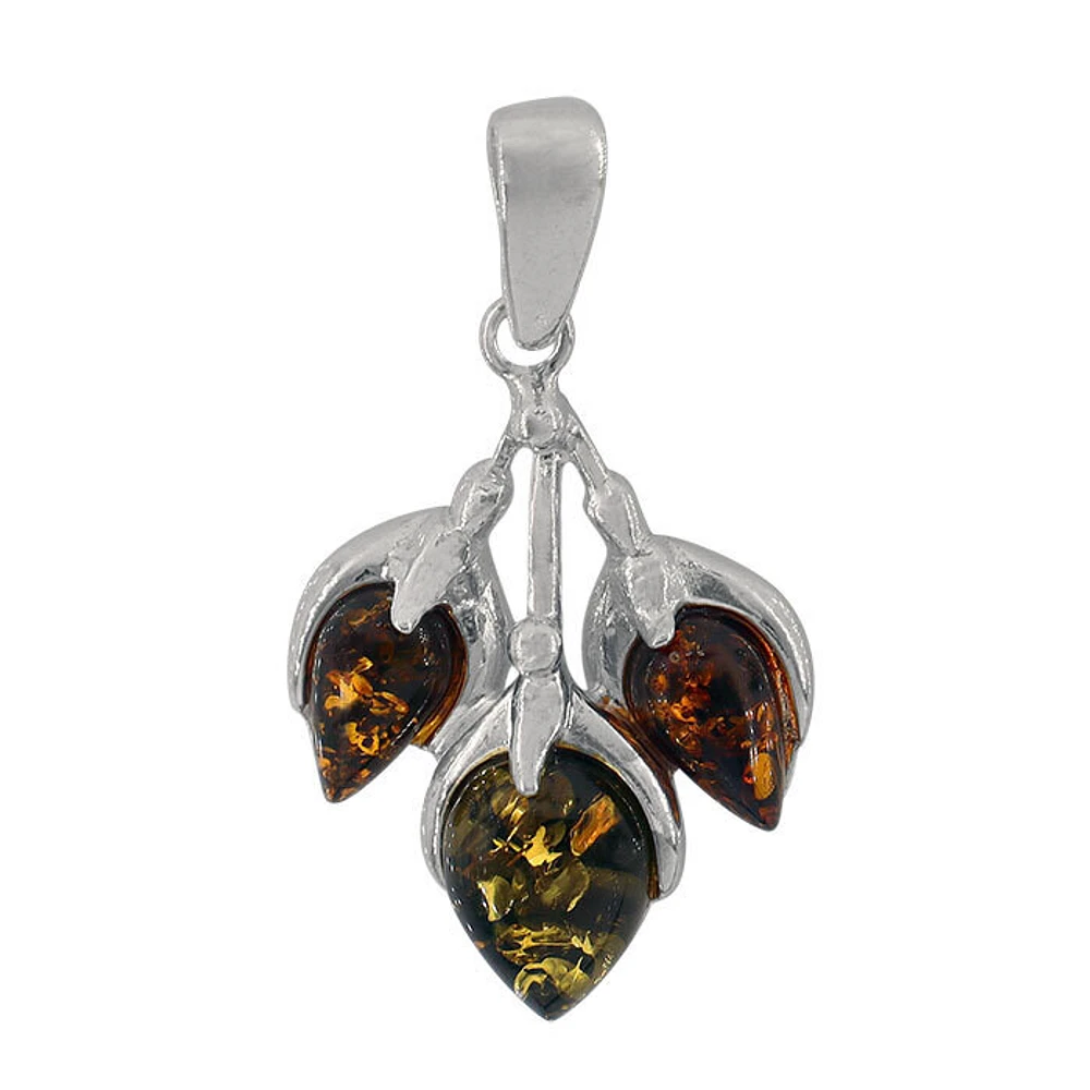 Sterling Silver, 22X27mm Leaf Pendant With Amber
