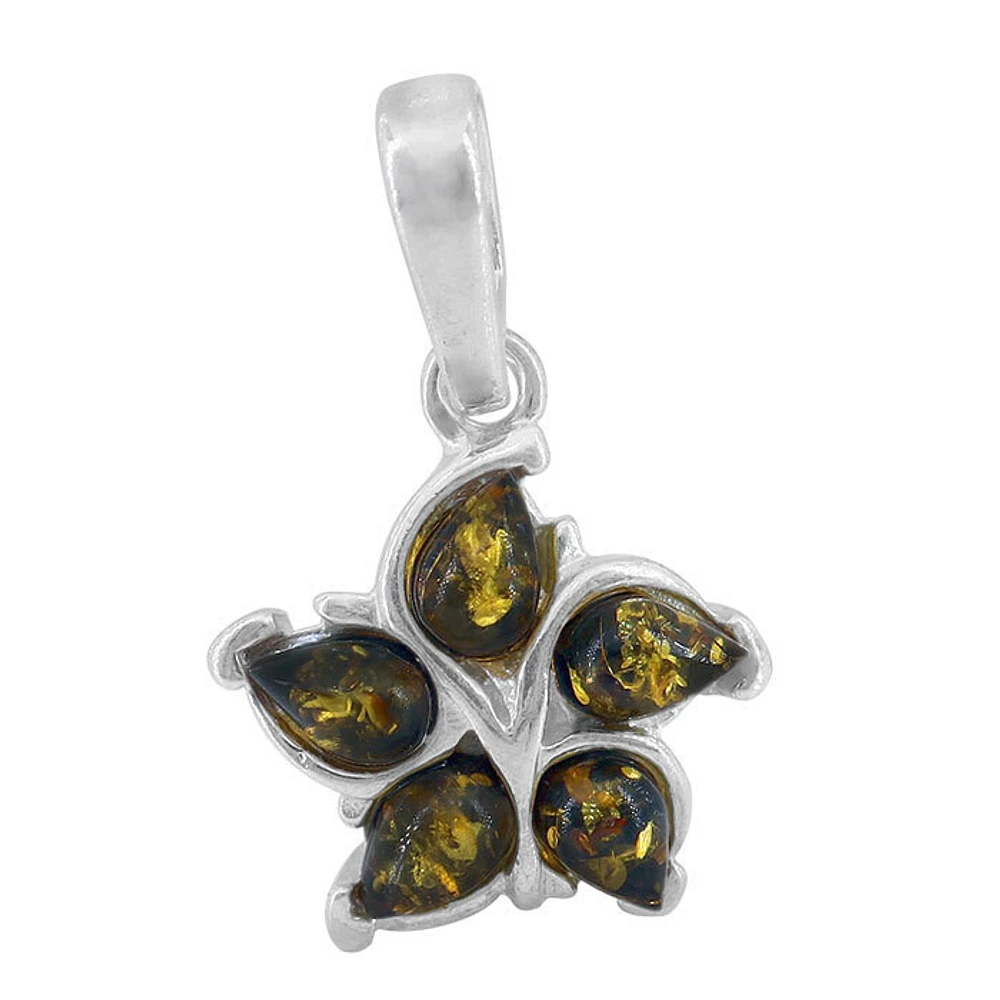 Sterling Silver, 16mm Flower Pendant With Green Amber
