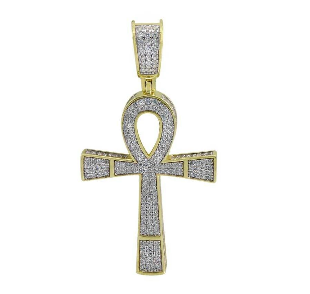 Sterling Silver With Gold, 34X24mm Ankh Cross Pendant With Cubic Zirconia