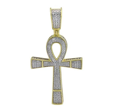 Sterling Silver With Gold, 34X24mm Ankh Cross Pendant With Cubic Zirconia
