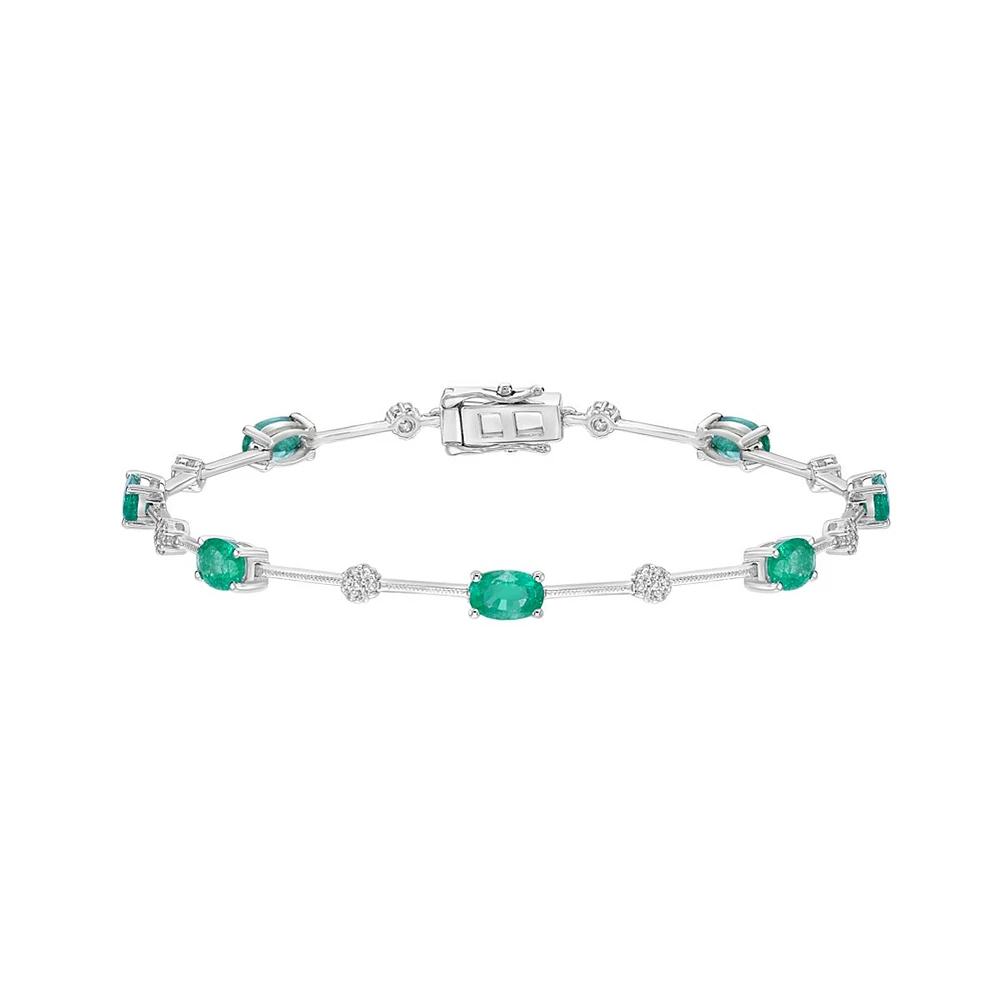 14K White Gold Prong Emerald & Diamond Bracelet