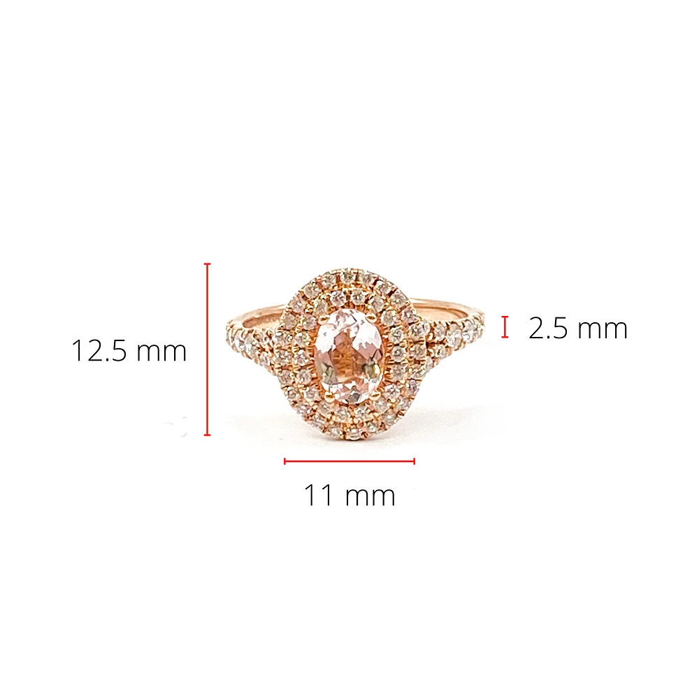 14K Rose Gold 0.75cttw Oval Cut Genuine Morganite & 0.45cttw Diamond Double Halo Ring, size 6.5