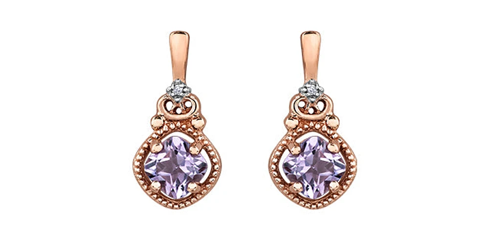 10K Rose Gold Amethyst and Diamond Dangle Earrings