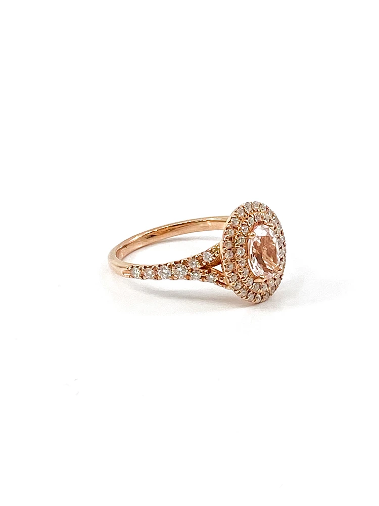 14K Rose Gold 0.75cttw Oval Cut Genuine Morganite & 0.45cttw Diamond Double Halo Ring, size 6.5