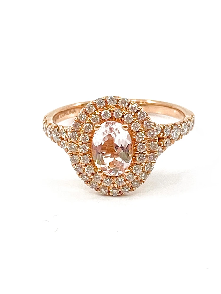 14K Rose Gold 0.75cttw Oval Cut Genuine Morganite & 0.45cttw Diamond Double Halo Ring, size 6.5