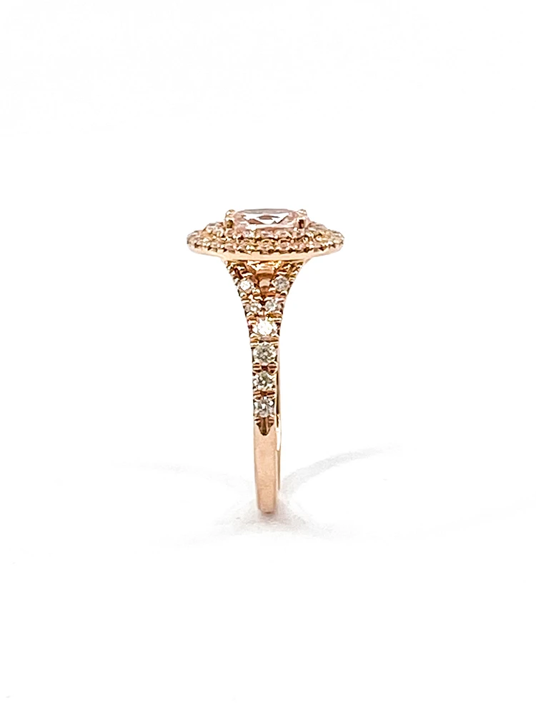14K Rose Gold 0.75cttw Oval Cut Genuine Morganite & 0.45cttw Diamond Double Halo Ring, size 6.5
